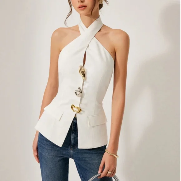 #6 Commense White Halter Top with Gold Accents - Picture 2 of 5